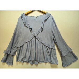 American Eagle Outfitters Women's Ruffle Blouse Bell Sleeve Sz XL Blue Pinstripe